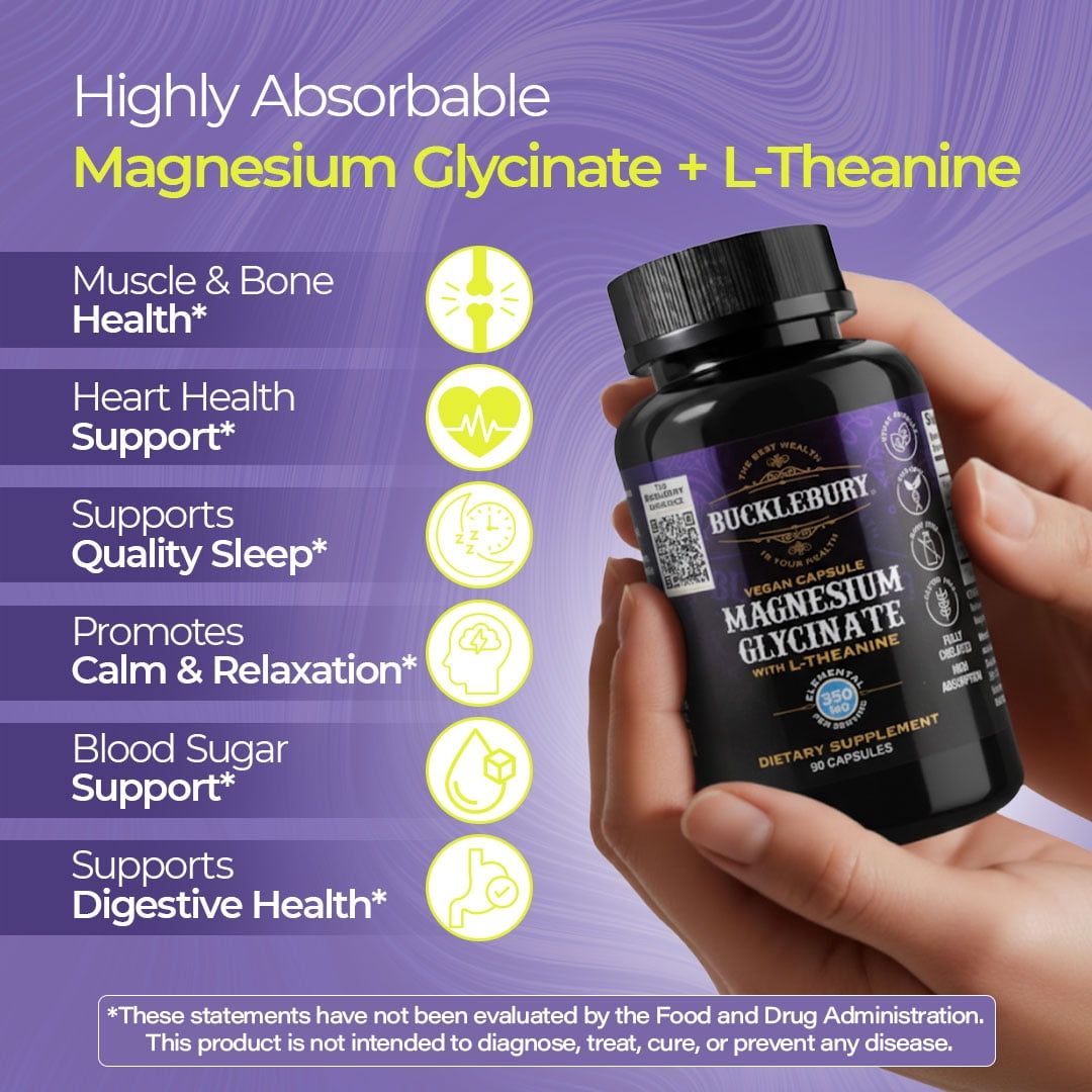 Bucklebury Magnesium Glycinate with L-Theanine Capsules Support Sleep, Bone, and Muscle - 90 Vegan Capsules