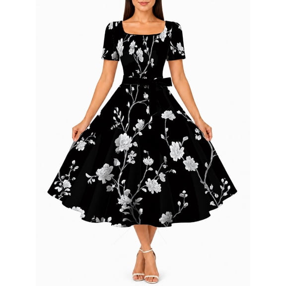Women'S Vintage Wildflower Dress Square Neck Short Sleeve Fit And Flare Vintage Swing Midi Dress