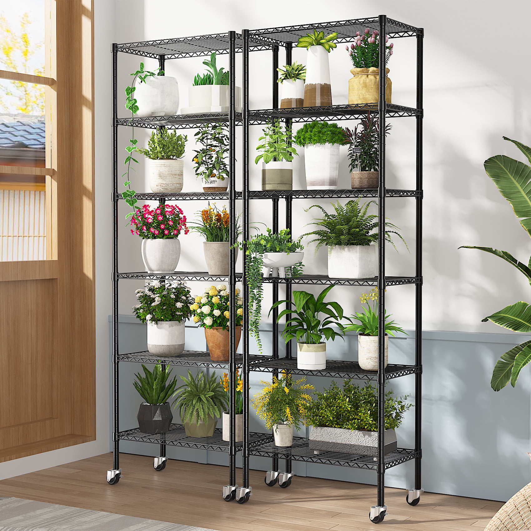 6-Tier Adjustable Wire Shelving Unit on Wheels, 750lbs Capacity - Powder-Coated Carbon Steel Heavy Duty Metal Shelves, Rolling Storage Shelves for Garage, Closet & Kitchen 24"W x 14"D