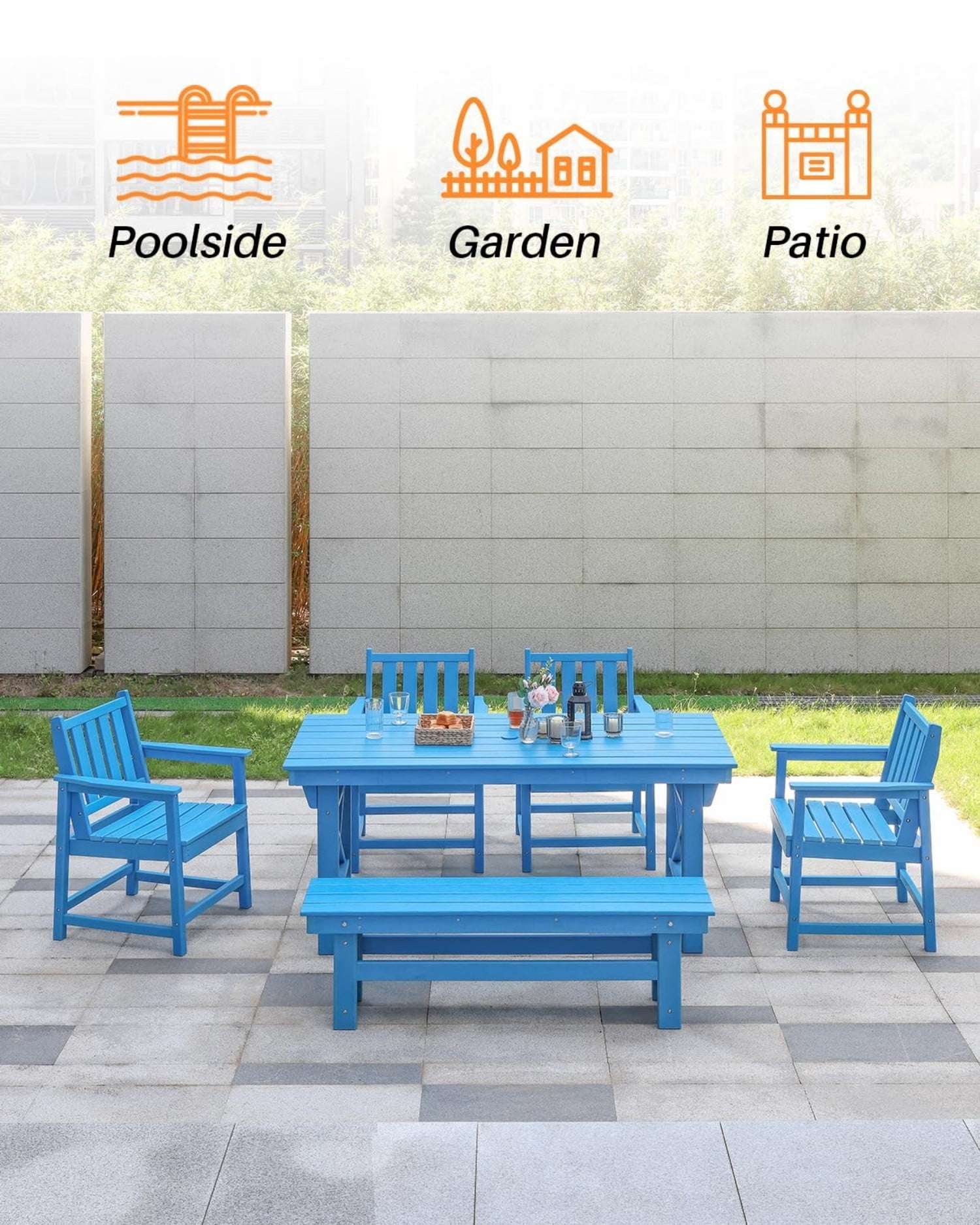 HDPE Outdoor Dining Table for 6, 66.9" Rectangle Patio Dining Table with 2.2" Umbrella Hole, All Weather HDPE Outdoor Table for Backyard, Deck, Garden, Poolside, Sky Blue