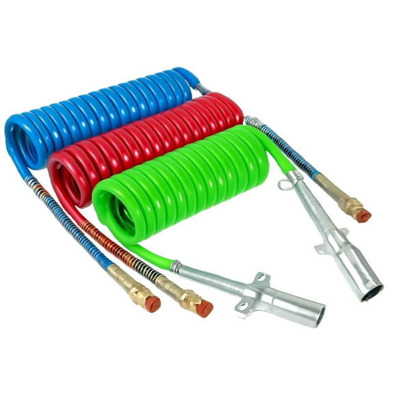TORQUE 15 Ft Coiled Air Brake Hoses & ABS Electrical Power Wire Assembly Kit 3 in 1 Semi Truck Air Lines Kit Coiled 7 Way Trailer Cord and Air Brake Hoses for Semi Trucks Trailers Tractors