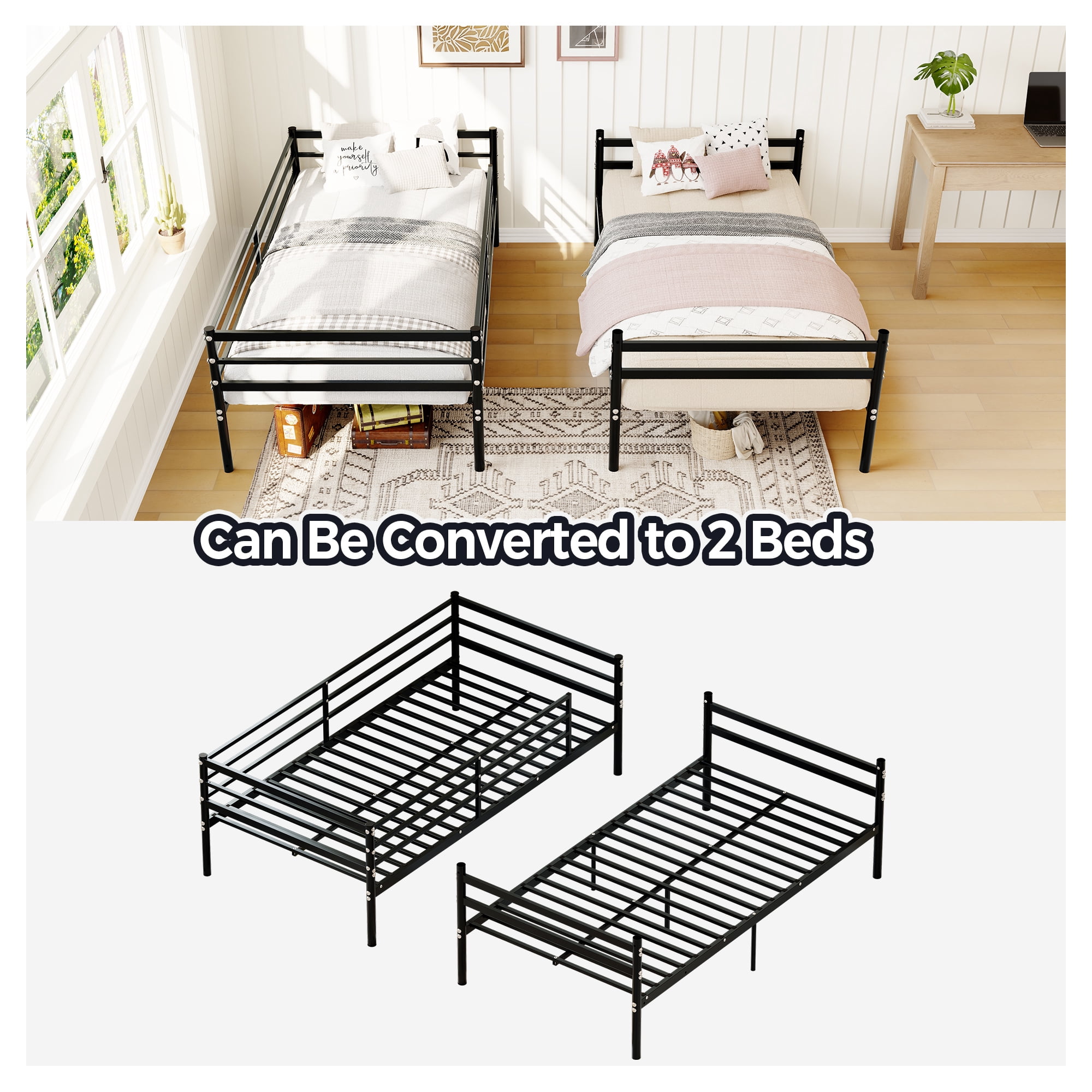 Leumius Twin Over Twin Bunk Beds,Heavy-Duty Metal Bunk Bed with Safety Guardrail & Ladder,Metal Slats Support,No Box Spring Needed,Black