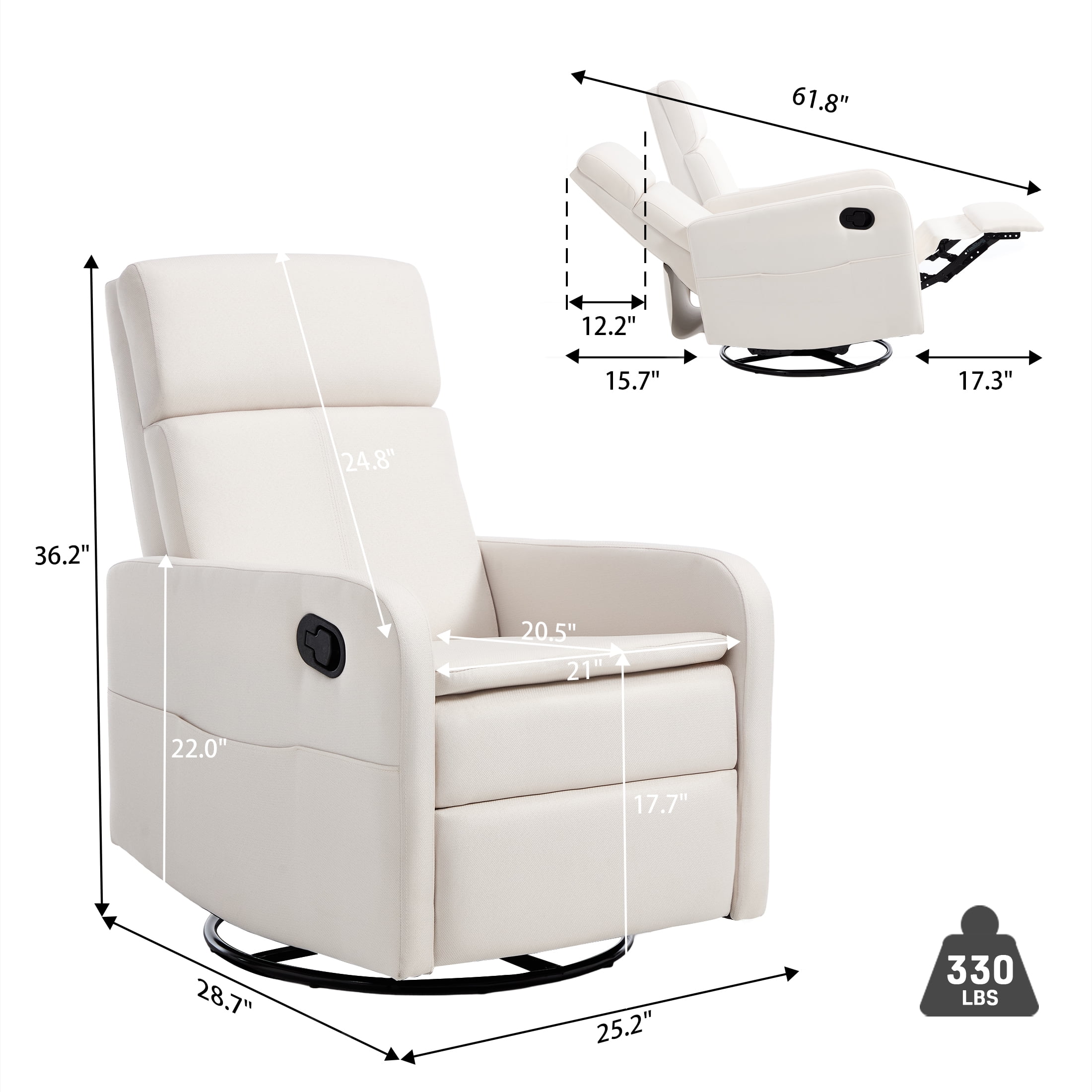 Sfxingyou Swivel Rocking Recliner Chair for Adults, Rocker Nursery Glider Chair for Living Room, Upholstered Fabric Reclining Single Sofa Chair (Beige)
