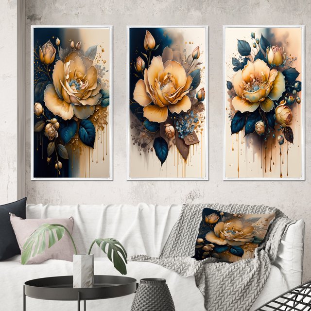 Designart "Roses in Yellow and Blue Hues I" Floral & Botanical Framed Wall Art Set Of 3 - Yellow Rose Frame Gallery Wall Set For Home Decor