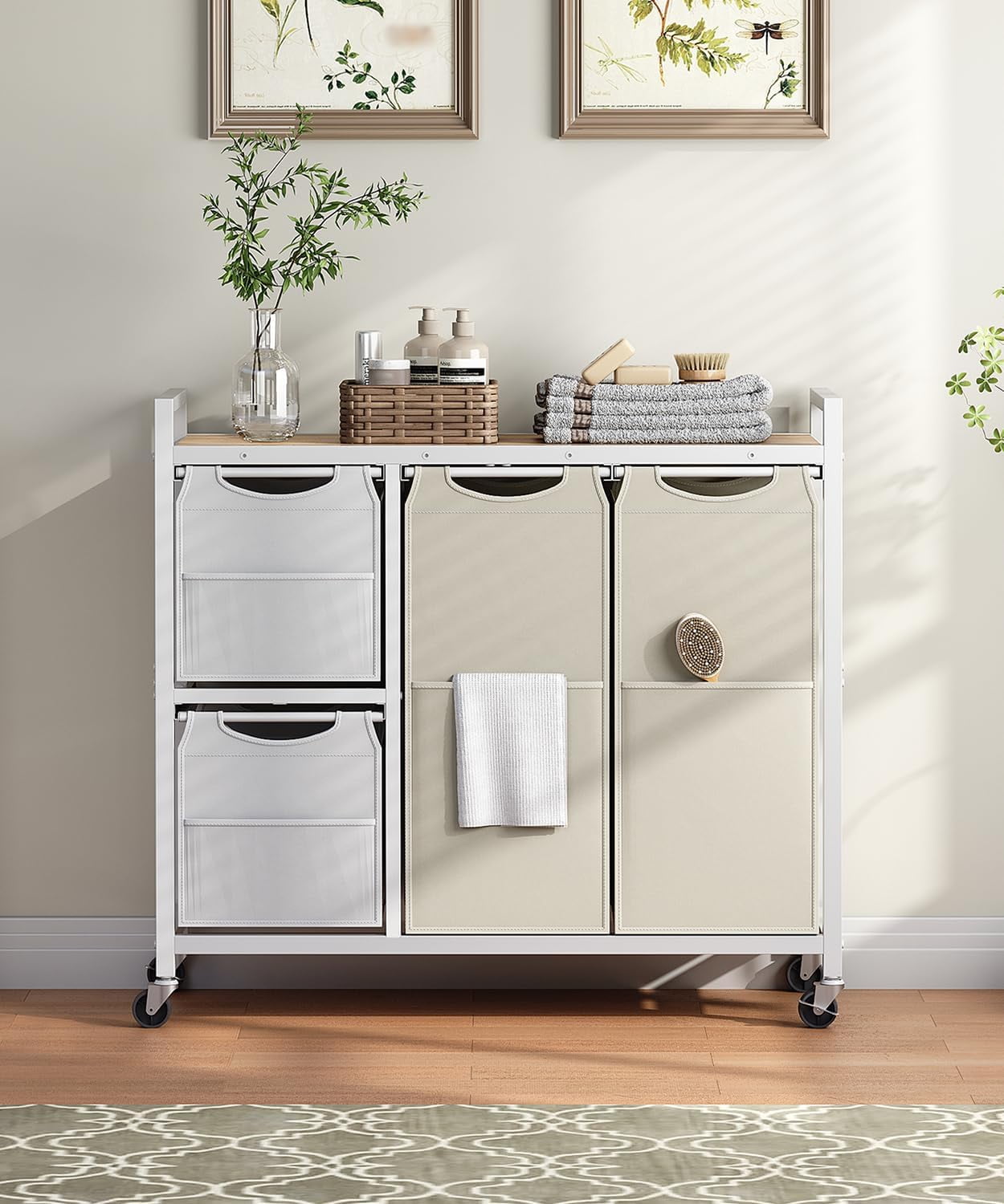 Laundry Sorter with 4 Section, 39 Gal. (147 L) Laundry Hamper with Wheels, Rolling Laundry Basket with Shelves, Pull-Out Detachable Bags, Side Pockets