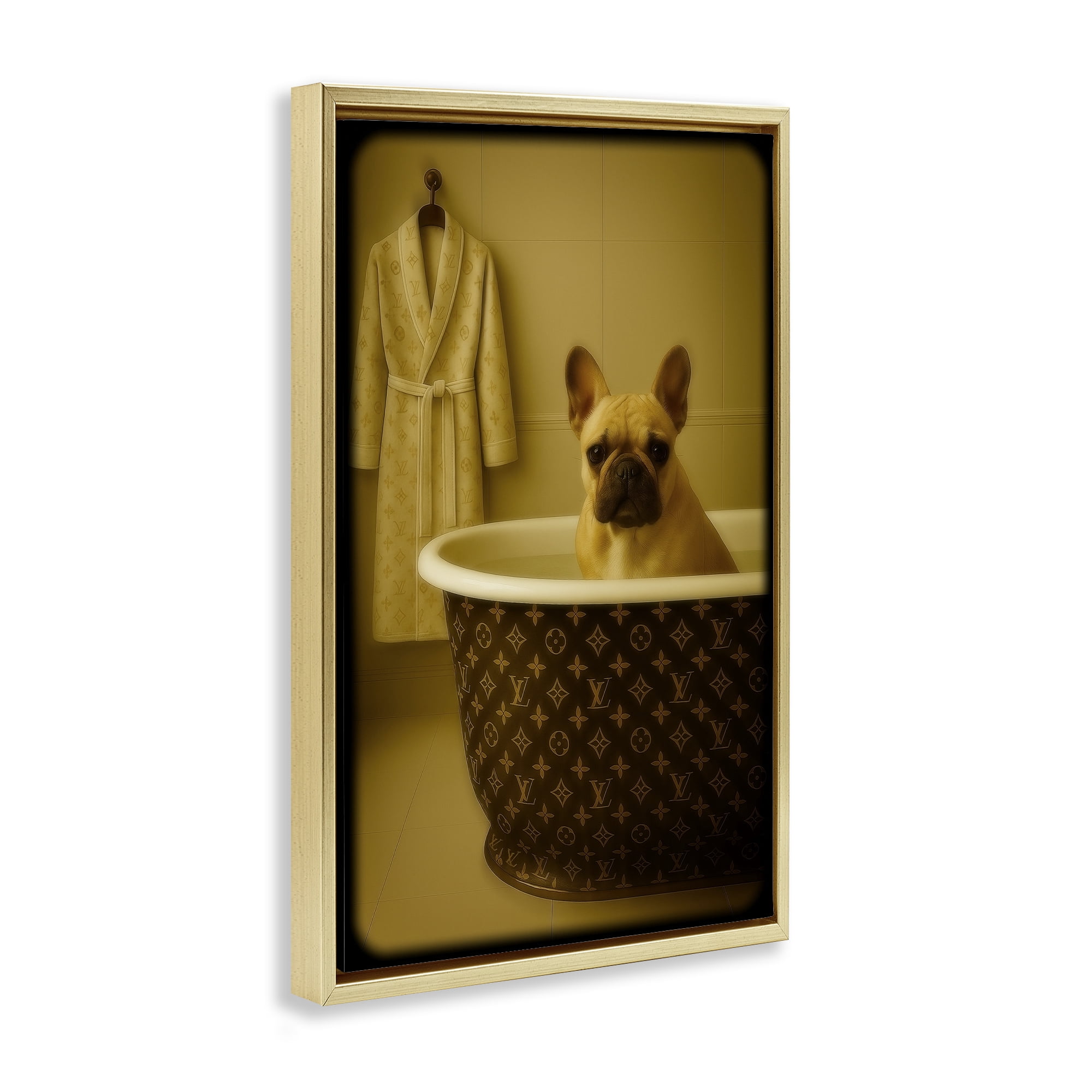 Stupell Industries Couture French Bulldog in Luxury Tub Gold Framed Floater Canvas Wall Art, design by Grotto Studios