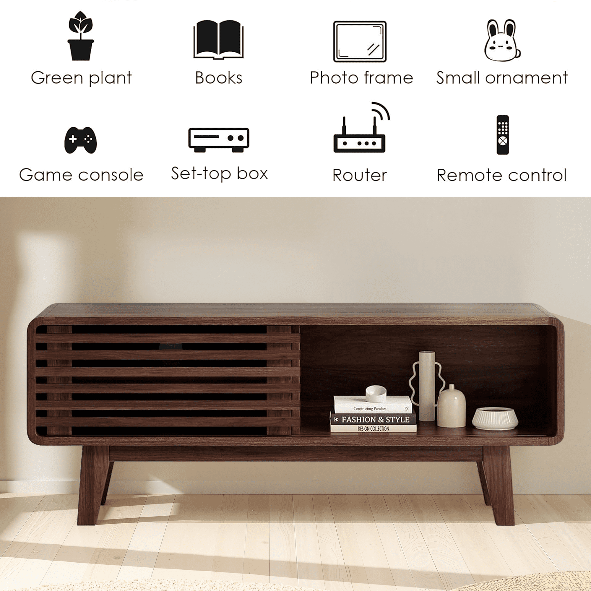 MAYEERTY Walnut Mid Century Modern TV Stand, 59" TV Console with Storage for Living Room & Apartments