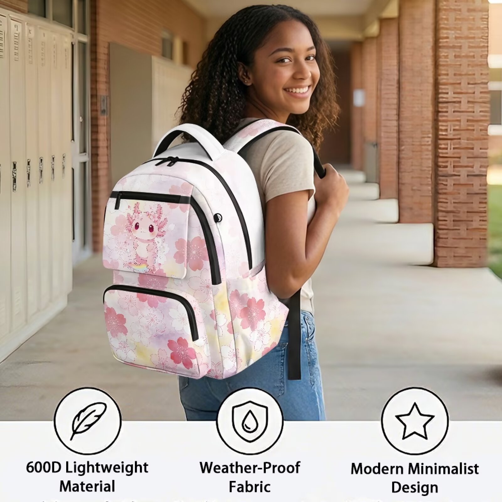 Mochila infantil Axolotl para niña, flor de cerezo linda, liviana, transpirable, duradera, impermeable, con múltiples bolsillos, para niños de 6 a 12 años, regreso a clases 3