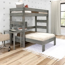 Plank Beam Solid Wood Farmhouse Twin over Twin L-Shaped Bunk Bed Bed with Desk, Driftwood