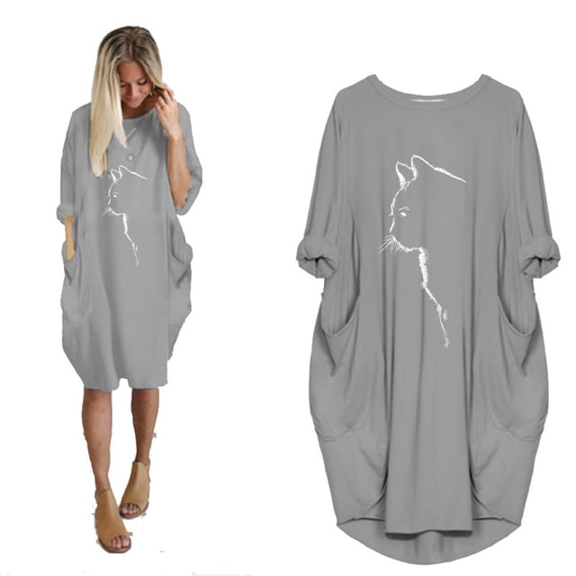 ICHUANYI Clearance Womens Jumper Oversized Printed Short Sleeve Pocket Pullover Mini Dress(Gray, XXL) ICHUANYI WER2023081013410