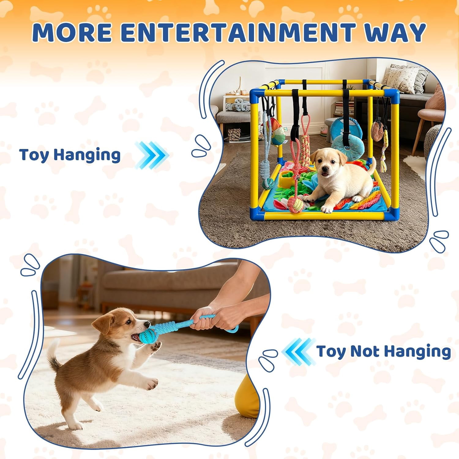Play Gym for Small Dogs with PVC Frame, 10 Hanging Toys & Stretchy Ropes for Indoor Enrichment Activity