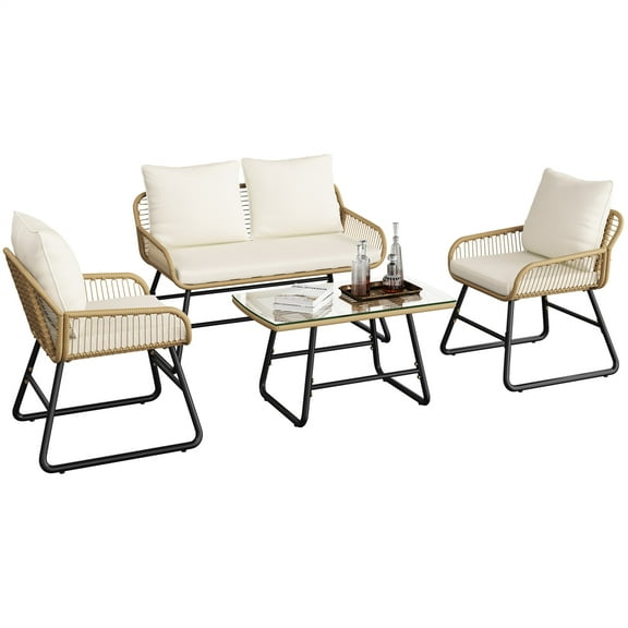Topeakmart 4-Piece Boho Style Patio Rattan Conversation Set with Cushions and Pillows, Tan/Cream