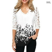Blouse 3/4 Sleeve V-Neck T-Shirt Lace Print Woman Summer Blouse Top, White, XXL
