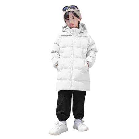 Nilvkv Kids Trench Coat Kids Windbreaker Jacket Solid Color Hooded Mid Length Puffer Down Coat Winter Outerwear White 13-14 Years White 13-14 Years