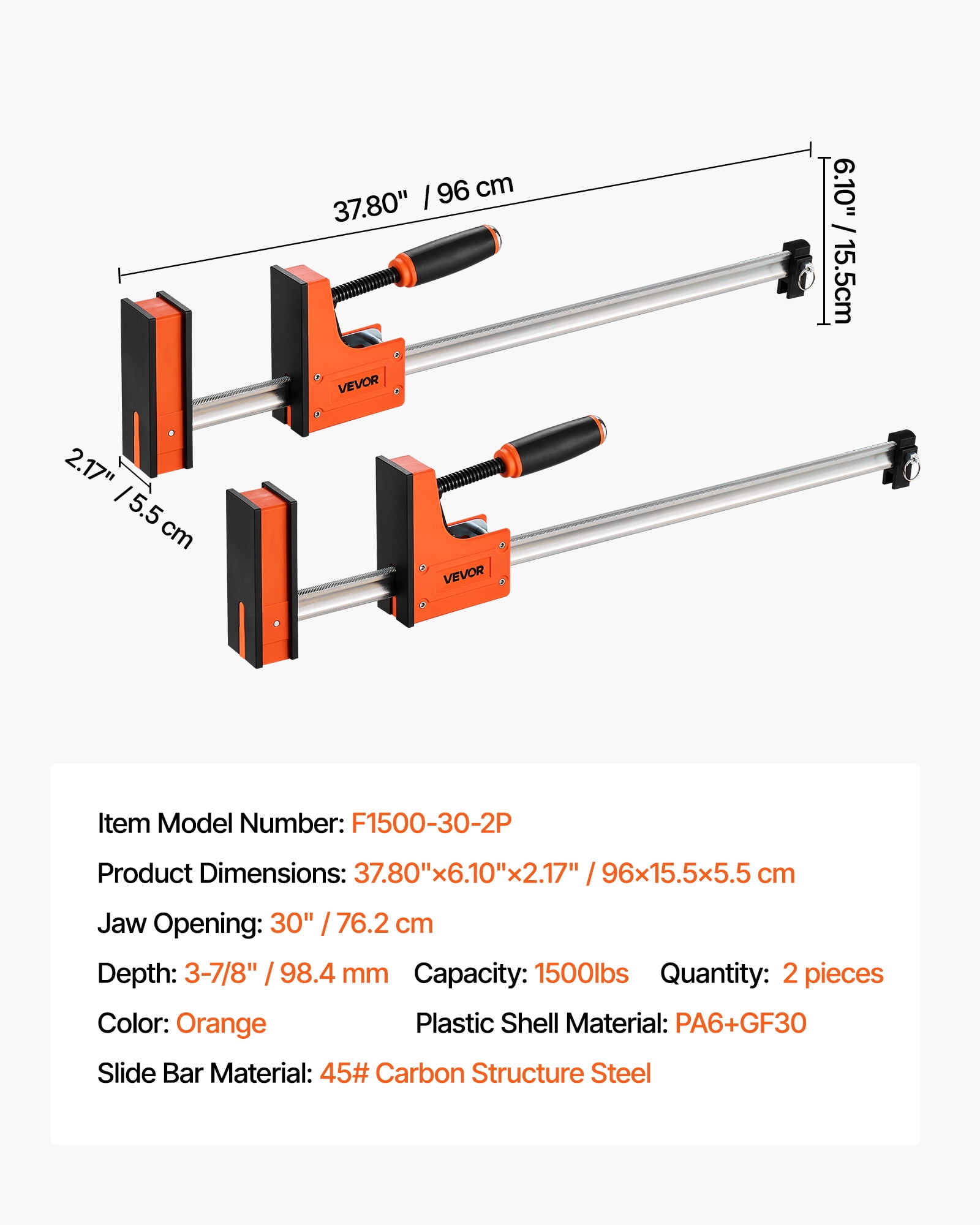 VEVOR Bar Clamps for Woodworking, 2-Pack 30 inch Parallel Clamp Set, F-Clamp with 1500 lbs Load Limit, Even Pressure, High-strength Plastic and Carbon Steel, for Woodworking Metal Working, Orange