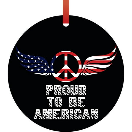 - Flag US Proud to be American Angel Wings Peace Symbol Round Shaped Flat Semigloss Aluminum Christmas Ornament Tree Decoration