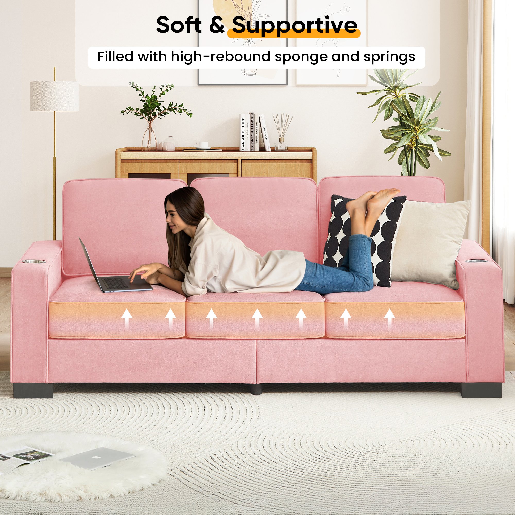 Lunale 83" Velvet Sofa with Cup Holders, Modern 3-Seater Couch for Living Room, Apt., Pink