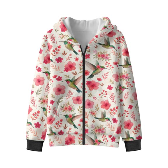 Xixirimido Hummingbird Pink Hibiscus Printed Hoodies for Girls Boys Zip Up Hoodie Sweatshirt Teen Lightweight Fall Winter Jacket Casual Long Sleeve Pullover Top Velvet Lining, 6-8 Years