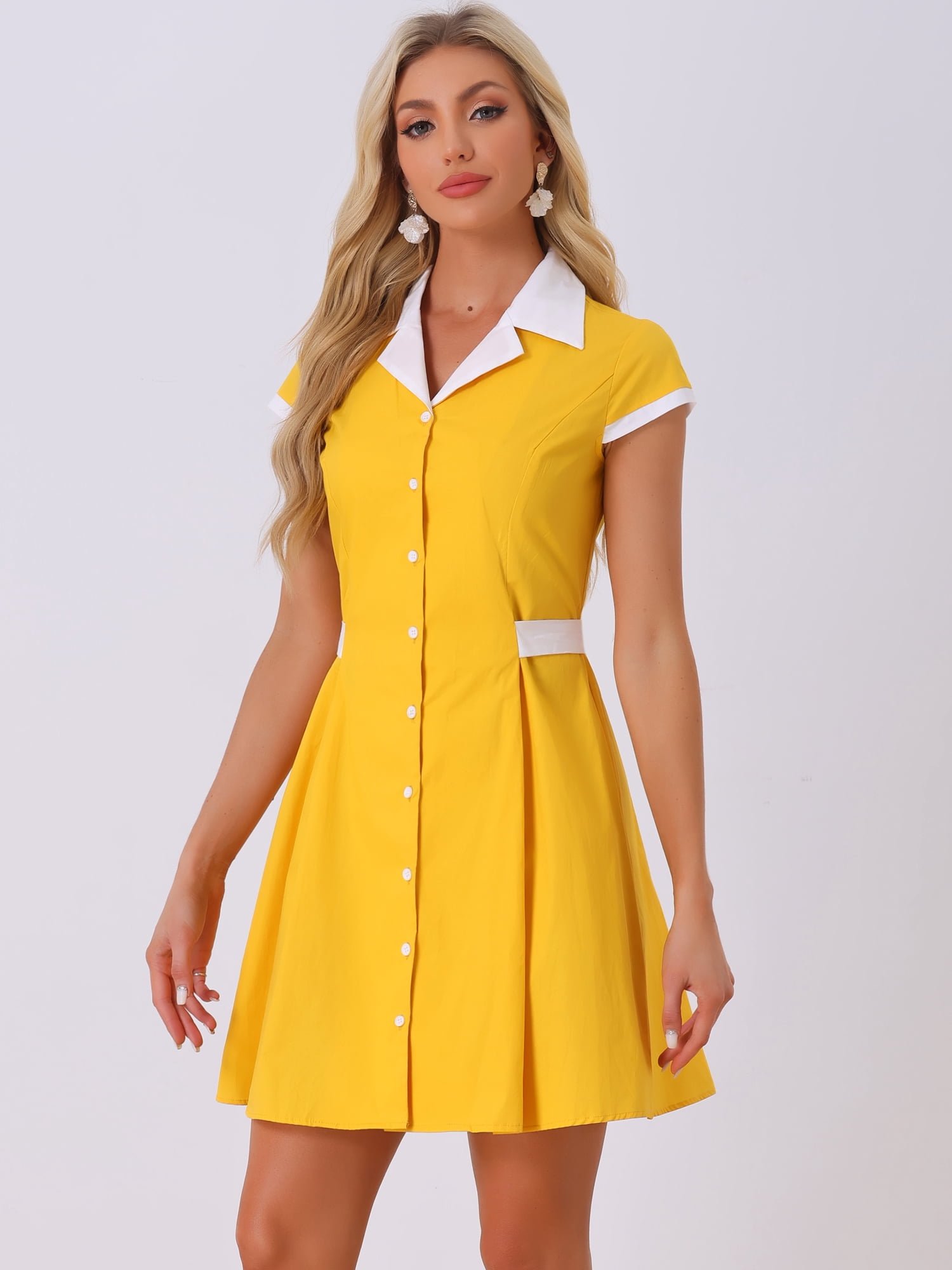 DARING DIVA Belted Contrast Camp Collar A-Line Shirt Dress M Yellow