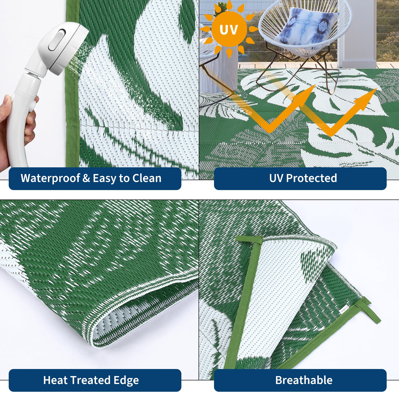 Hasoo 9' x 12' Green/White Outdoor Rug Plastic Straw Rug Bohemia Carpet Waterproof PP Tube Woven Portable Mat for Patio Decor, Balcony, Picnic