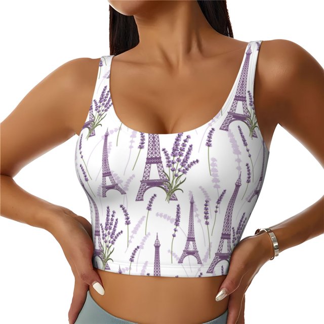 Fotbe Lavender Flowers Sujetador Deportivo Largo sin Aros para Mujer con Almohadillas y Soporte Medio, Transpirable y Absorbente, Camiseta Tipo Chaleco o Tank Top-Medium