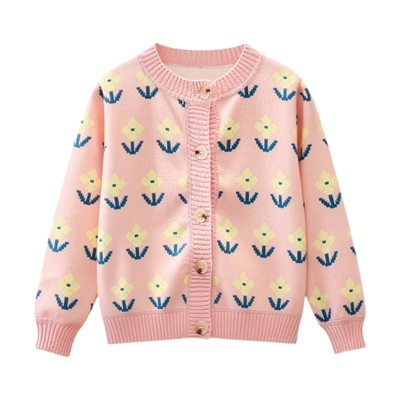 Girls' Long Sleeve Cardigans Lightweight Crewneck Sweater Classic Button-Up School Uniform Cute Flower Embroidery Knit Jacket