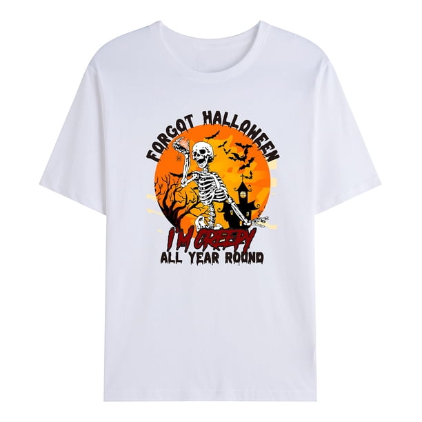 Camiseta de manga corta con estampado de jersey de Halloween de cuello redondo de moda informal para hombre Pompotops oipoqjl33451