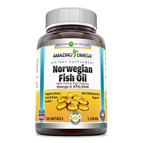Amazing Omega Norwegian Fish Oil Omega-3 1250mg 120 Softgels (Non GMO,Gluten Free) Supports Anti-inflammatory, Heart, Joint & Brain Health (Lemon Flavor)