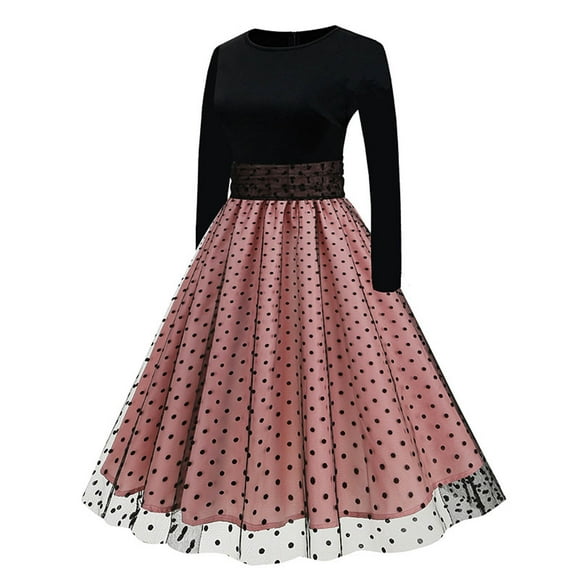 ERFCXS Halloweend Custume for Women Ghost Walking Campfire Nightlight Women's Retro Mesh Dots Stitching Circle Collar Long Sleeved Dress Puffy Skirt Adult Vampire Pink XL
