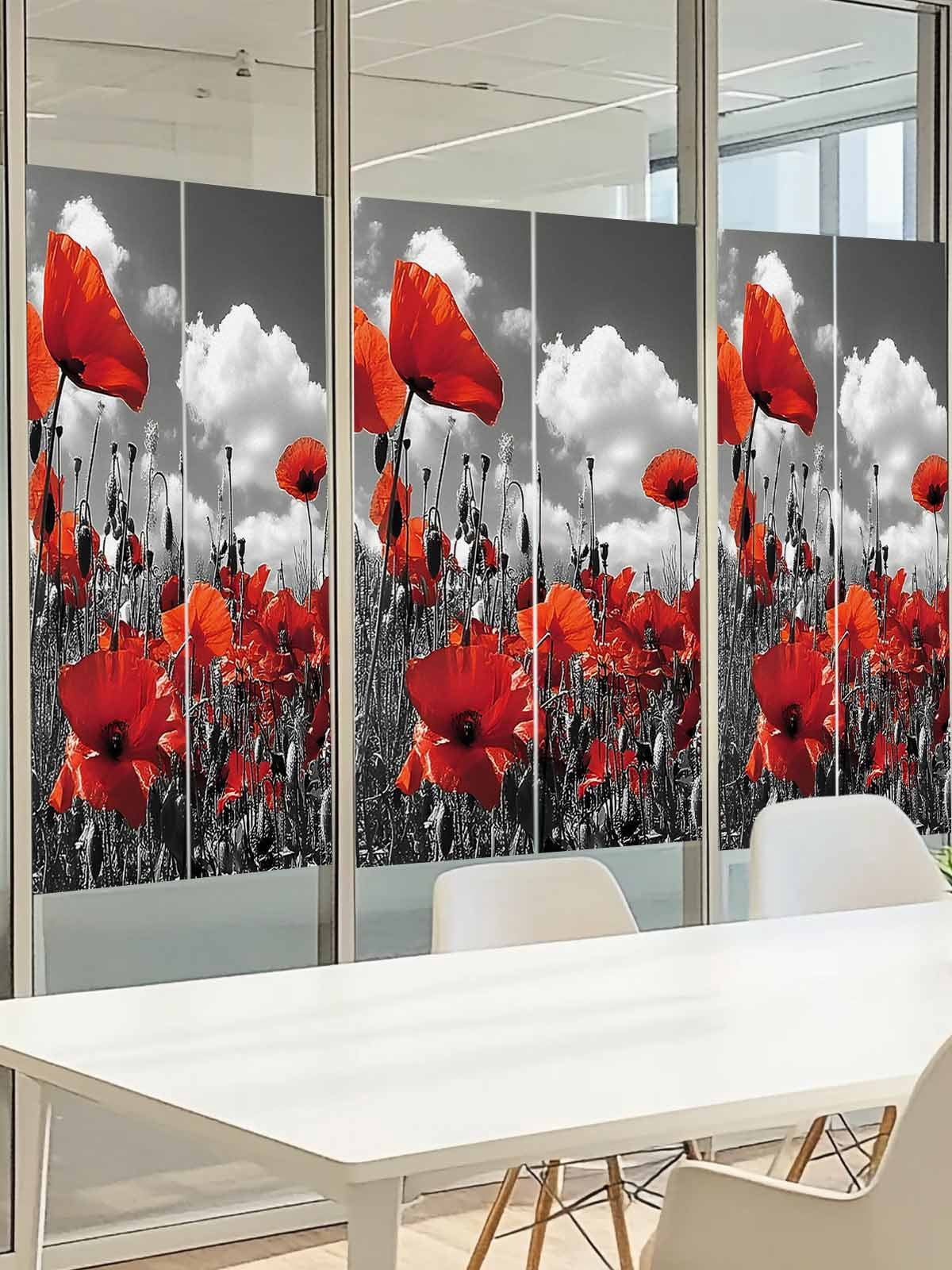 Red Flowers Window Privacy Film, Retro Black White Leaf Red Floral Frosted Glass Window Clings Static Cling UV Heat Blocking Reusable Door Sticker for Bathroom 23.6 x 59 Inch