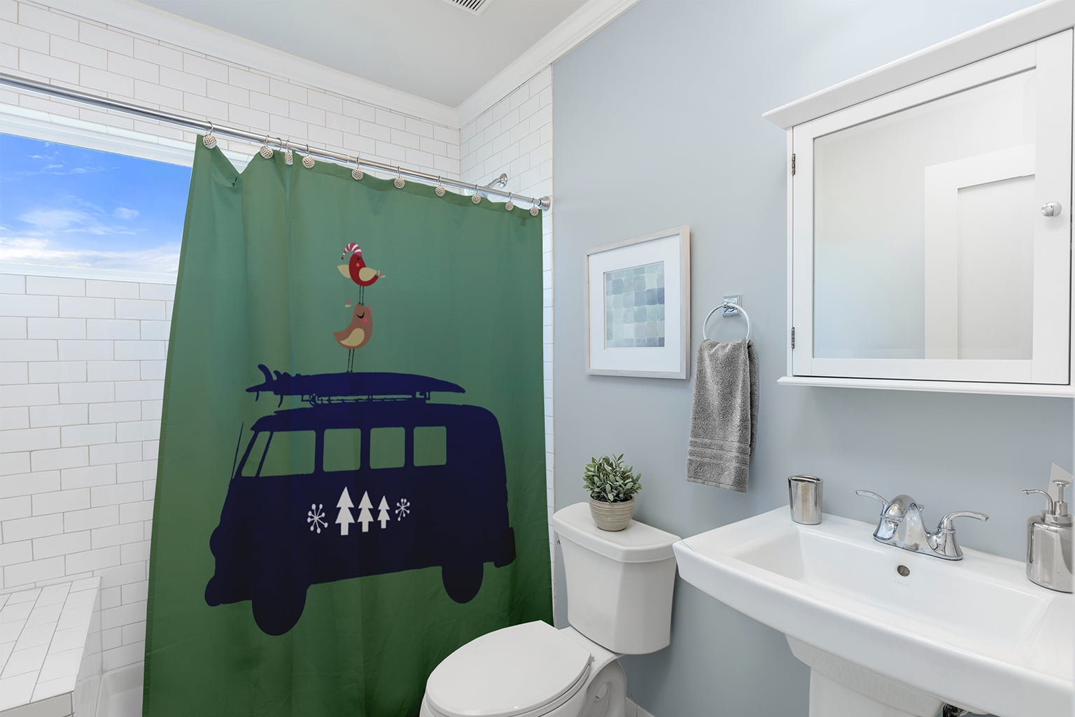 Simply Daisy 70" W x 73" L Christmas Surf Bird Polyester Shower Curtain, Succulent Green [1 Ct]