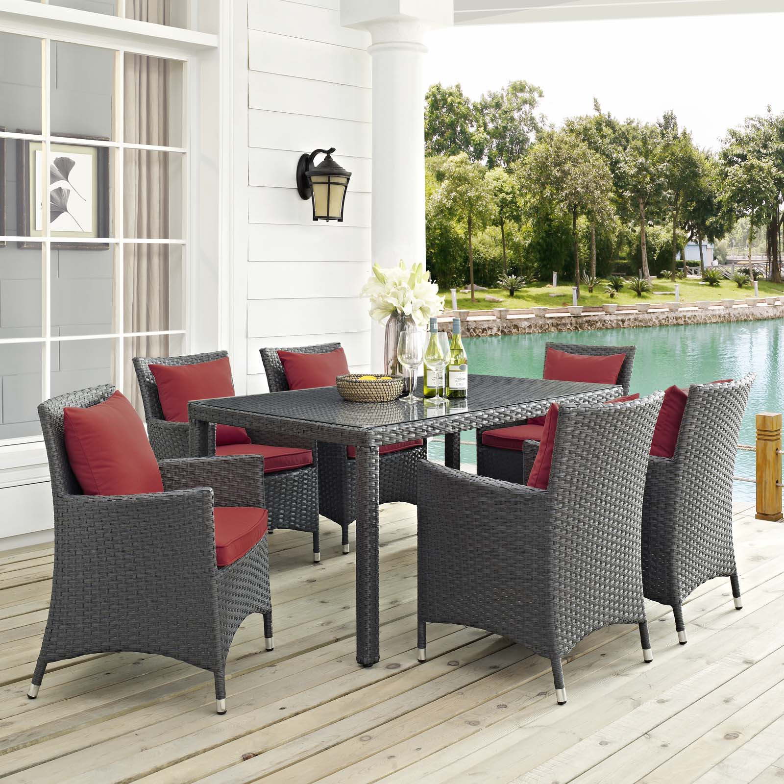 Modern Contemporary Urban Design Outdoor Patio Balcony Garden Furniture Side Dining Chair and Table Set, Sunbrella Rattan Wicker, Red - image 2 of 6