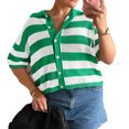 thumbnail image 5 of Short Sleeve Women Stripe Print Casual Button Down Crochet Cardigan Hollow Tops, 5 of 6