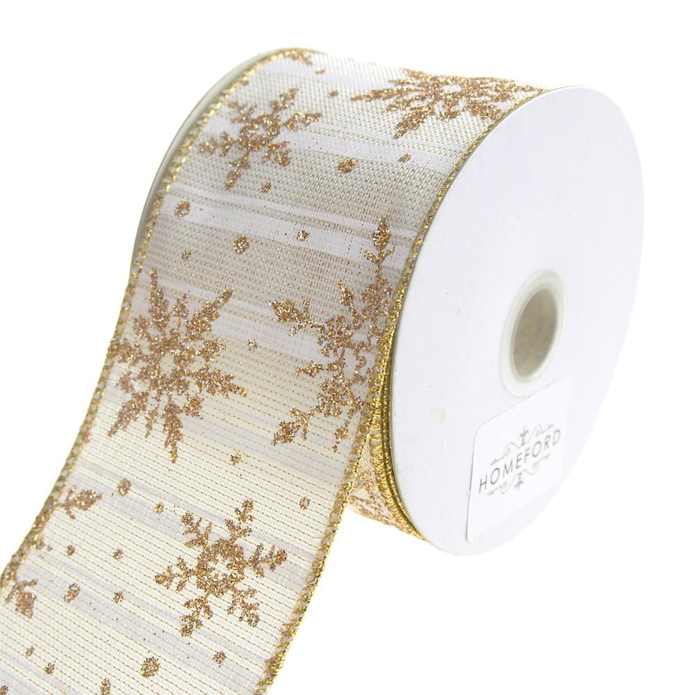 Golden Snowflakes Metallic Striped Wired Christmas Holiday Ribbon ...