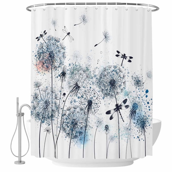 Blue Dandelion Bathroom Shower Curtains with Hooks, Dragonfly Flower Plant Watercolor Plant Waterproof Fabric Washable Shower Curtain for Home Hotel Bathtub Decor 54x78 Inch