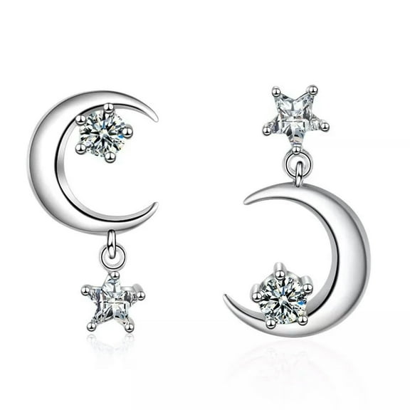 EOEMY 925 Sterling Silver Ear Stud Earrings Moon And Star Crystal Dangle Stud Earrings