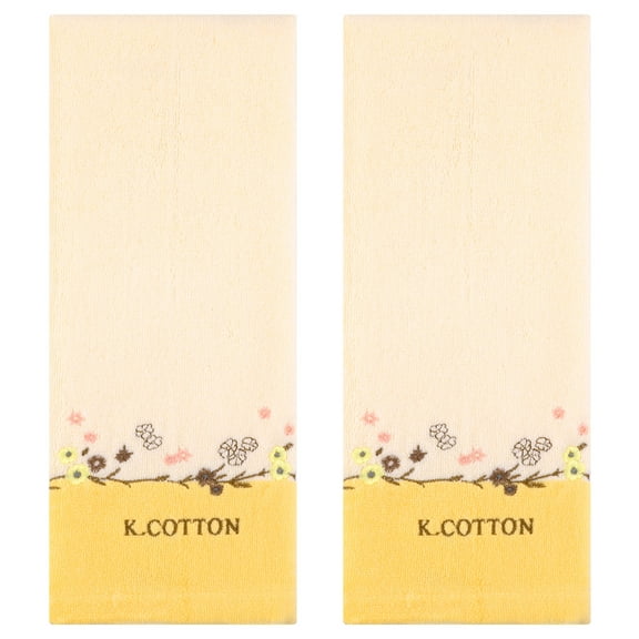 Unique Bargains Floral Embroidered Cotton Bathroom Hand Towels Yellow 2-Piece