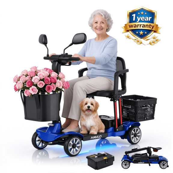 Havlo 4-Wheel Mobility Scooter for Seniors & Adults, 12.4-Mile Range, Removable Lithium Battery, Wider Adjustable Seat & Armrests, Foldable Electric Mobility Scooter for Everyday & Outdoor Use,Blue