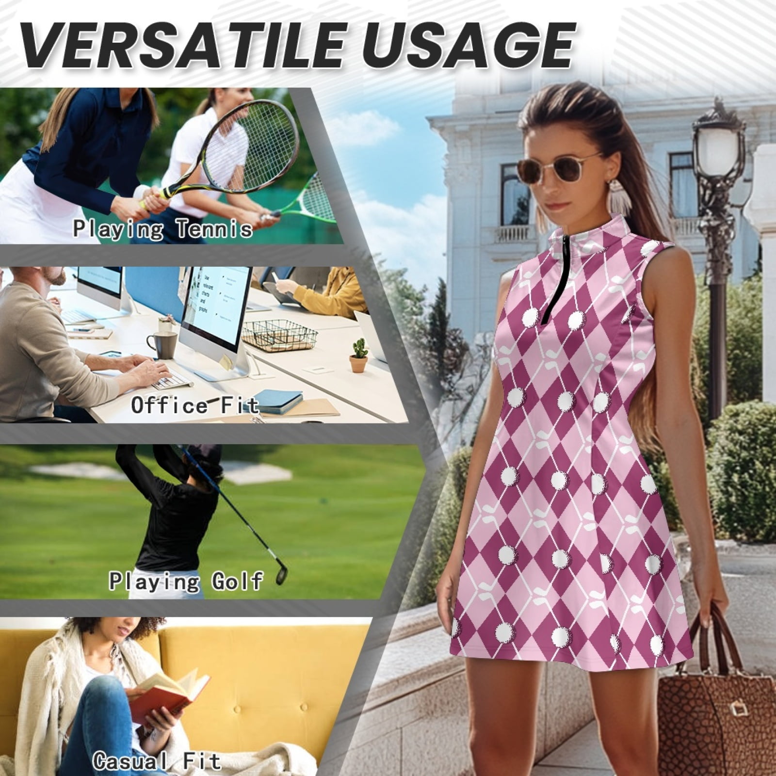 COEQINE Golf Dresses for Women V-Neck Soft Lightweight Athletic Dresses with Collared Design Golf Ball Club Diamond Lattice Pink Print Golf Outfits with Shorts 2 Pockets, XS