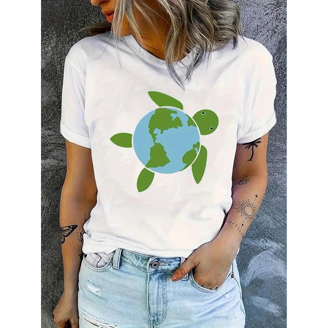 Camiseta de Mujer de Verano BásicaWomen's Casual T-Shirt | Earth Turtle Graphic Print | Round Neck, Short Sleeve | Polyester Blend | Machine Washable | All-Season Comfort Fit | Stylish & High-Qualit