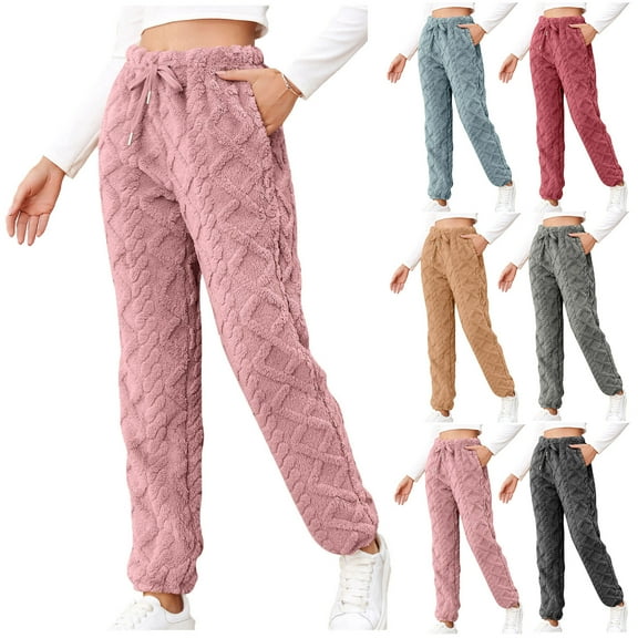 YOIAVAIOY Women's Fleece Pants Winter Warm Lounge Athletic Pant Soft Comfy Joggers Fuzzy Plush Bottoms with Pockets Gray M