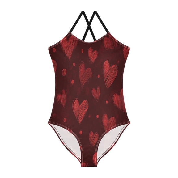 TTYFWHD Toddler Girls One Piece Swimsuit, Quick Dry Summer Beach Swimwear for Kids, 3T-10T Dark Red Sketch Hearts Print
