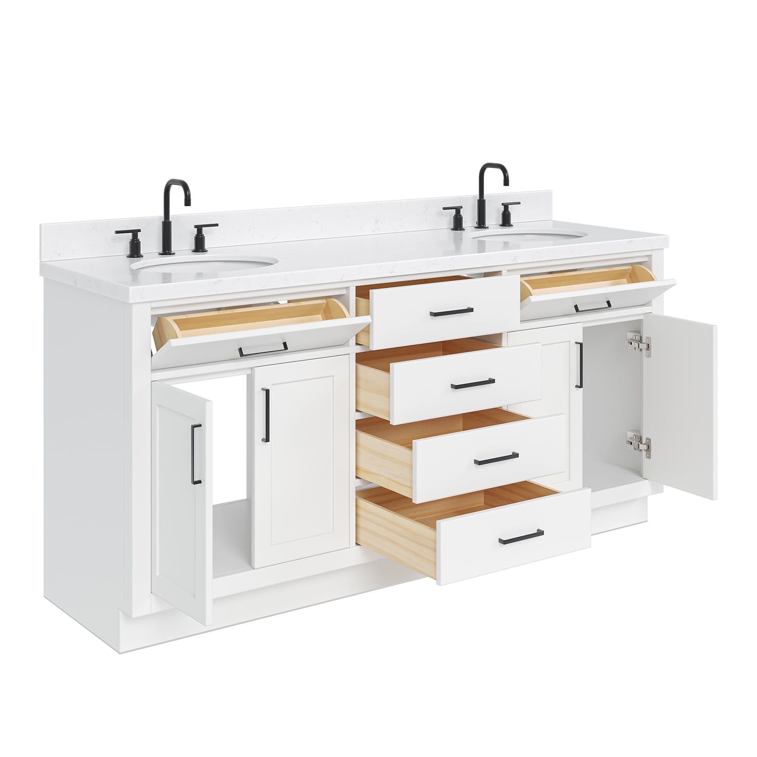 Ariel Hepburn 72 In. Double Oval Sink Bathroom Vanity With Carrara White Quartz Countertop 1.5 Edge In White