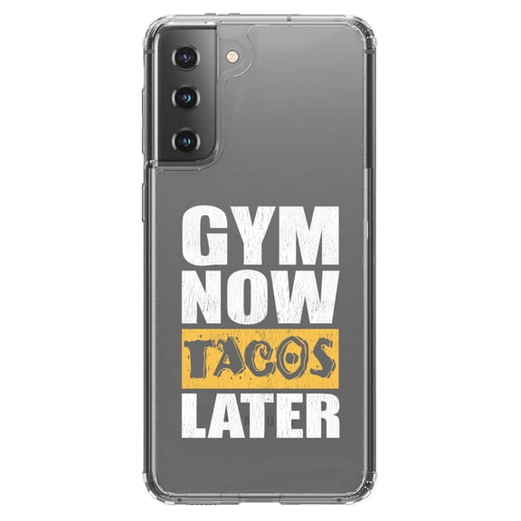 DistinctInk Clear Shockproof Hybrid Case for Galaxy S21 5G (6.2" Screen) - TPU Bumper Acrylic Back Tempered Glass Screen Protector - Gym Now Tacos Later