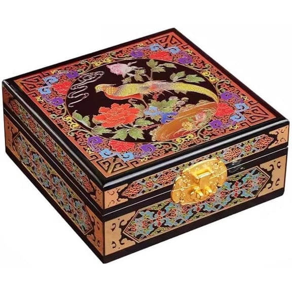Vintage Chinese Lacquerware Jewelry Box, Hand-Painted Wooden Keepsake Chest with Lock & Mirror for Necklaces, Rings, and Bracelets