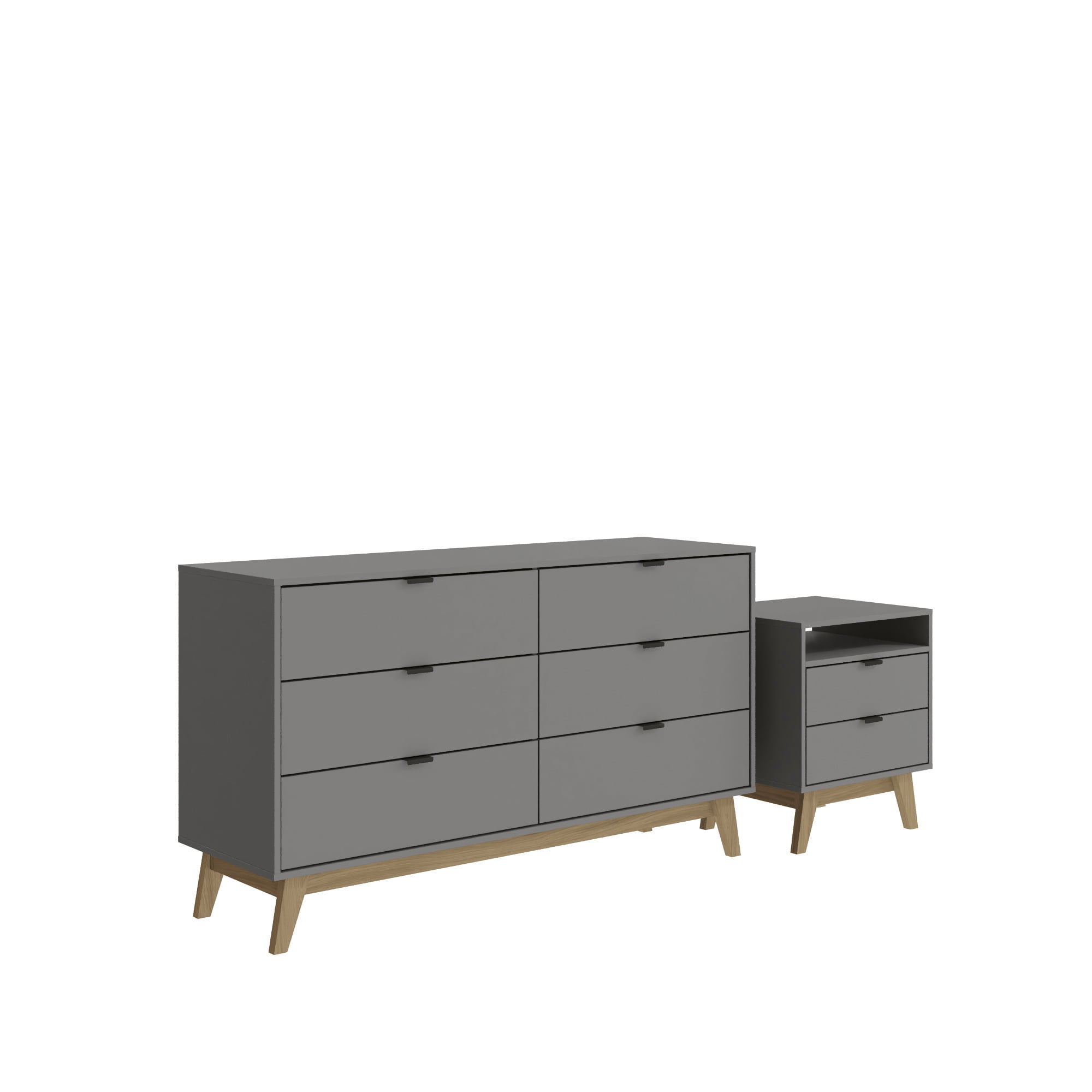 Kappesberg Hanford 2-Piece Bedroom Set – Gray Mid-Century 6-Drawer Dresser & 2-Drawer Nightstand with Shelf - for Adults and Teens