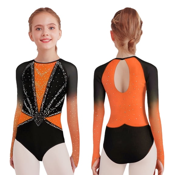Hansber Teen Girls Figure Skating Jumpsuit One Piece Dance Leotard Rhythmic Dancing Outfit Gymnastics Unitard Orange 8