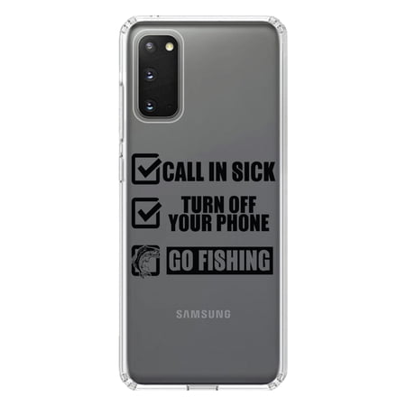 DistinctInk Clear Shockproof Hybrid Case for Galaxy S20 ULTRA / 5G (6.9" Screen) - TPU Bumper Acrylic Back Tempered Glass Screen Protector - Call in Sick, Turn Off Phone, Go Fishing
