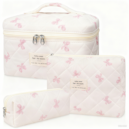 Soda Candy Makeup Bag Large Quilted Cosmetic Bag Floral Make up Bag for Women Cute Cotton Makeup Bag Set Travel Toiletry Organizer Bag Bow Tie