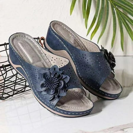 

QWZNDZGR Rimocy Vintage Flower Wedge Slippers Women Summer Casual Outdoor Beach Shoes Woman 2022 Thick Bottom Roman Sandals Plus Size 43